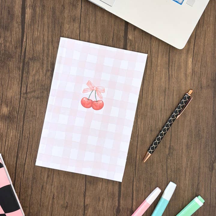 Wonky Paper Co - Wholesale Notebook - Handmade A5 Pink Check Notebook With Cherry Bow & Dot Grid