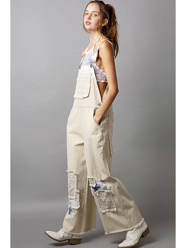 Pol Clothing - Wholesale Overalls - Women's - Crochet patchwork detail casual denim overalls