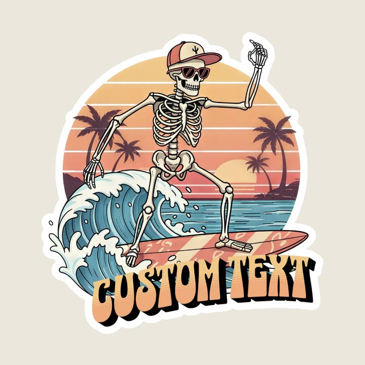 Customizable Surfing Skeleton Beach Sticker for wholesale by Shoreline Summit