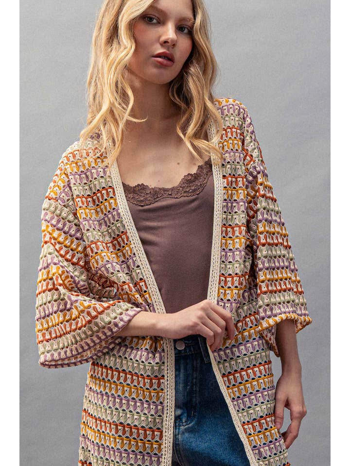 Urban Daizy - Wholesale Cardigan - Women's - Geometric Crochet Kimono Sleeve Midi Cardigan