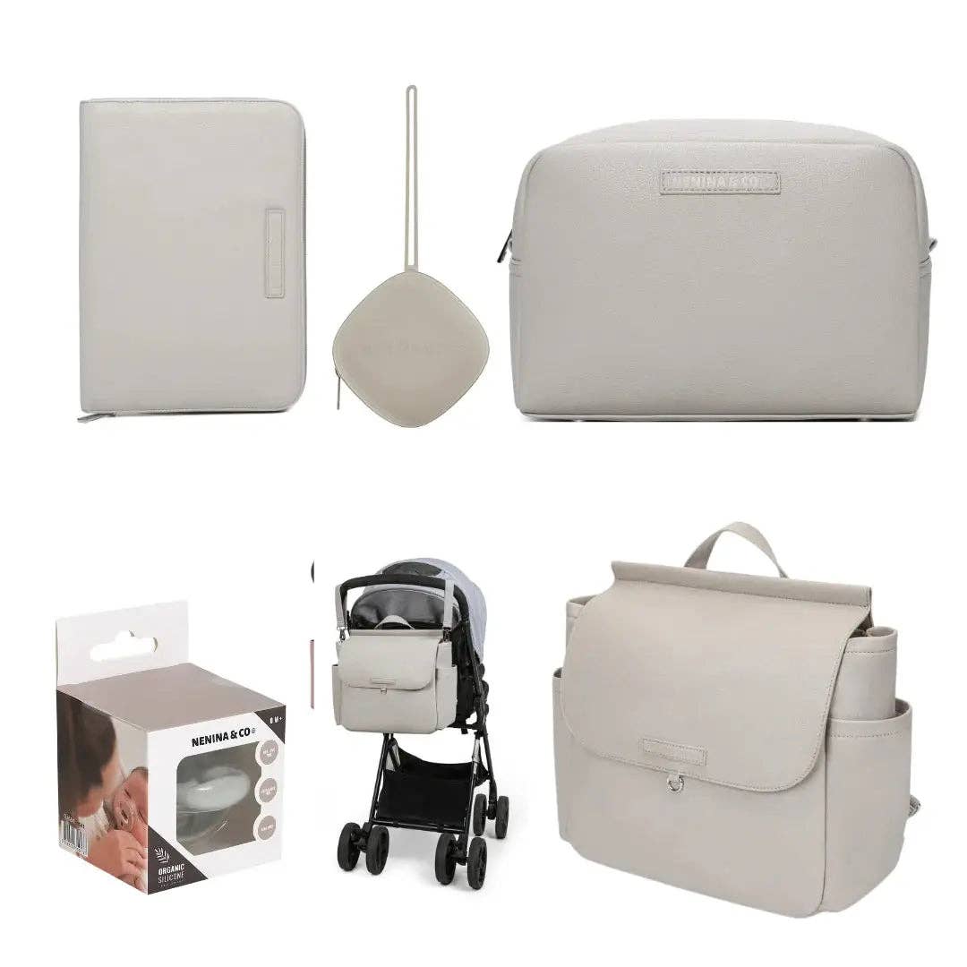 Nenina & Co – wholesale Ny mamma presentbox/set – Komplett babyfödselkit: förlossningsväska, skötmatta, necessär, dokumentficka och klassisk napp | Nenina & Co3