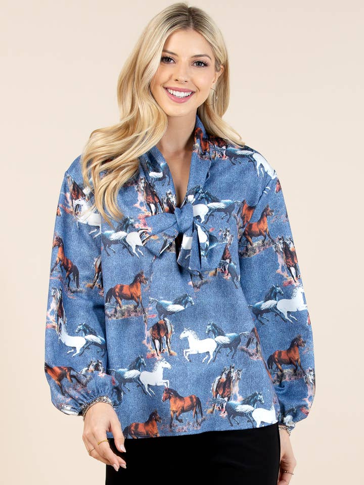 T1629-4506-1-Western Denim blouse met lint voor hardlopen en paardenprint voor wholesale door Nylon Apparel