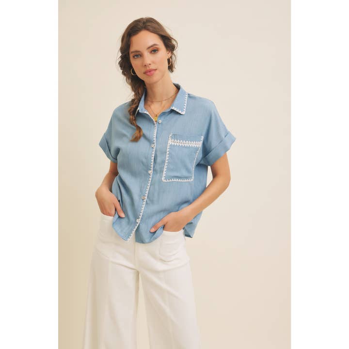 WASHED CHAMBRAY BUTTON-DOWN SHIRT WITH STITCHING for wholesale on Faire2