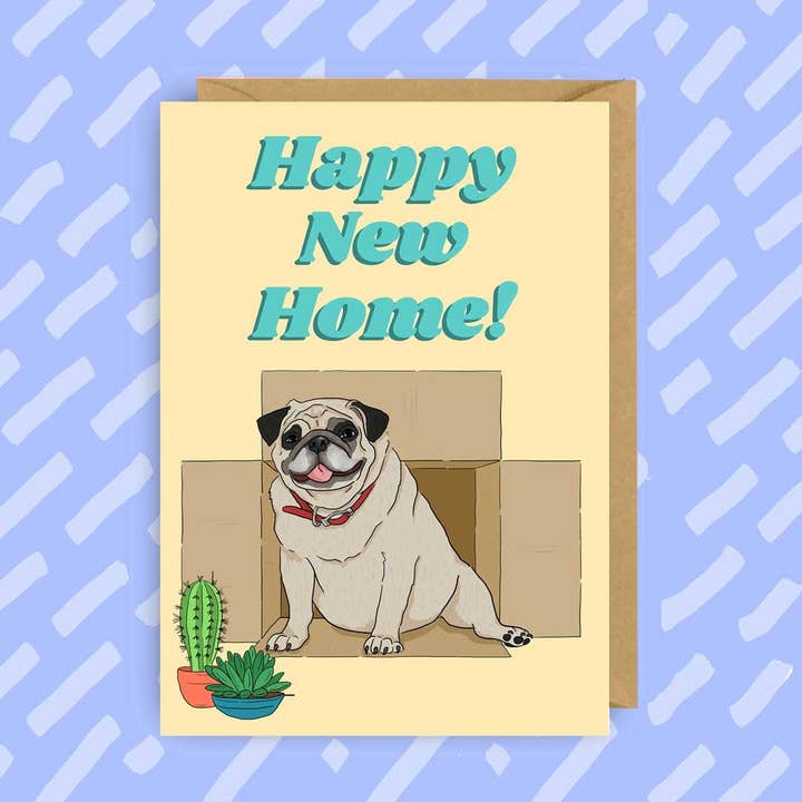 Happy New Home „Pug“ lykønskningskort | Nyt hus | for engroshandel hos The Queer Store
