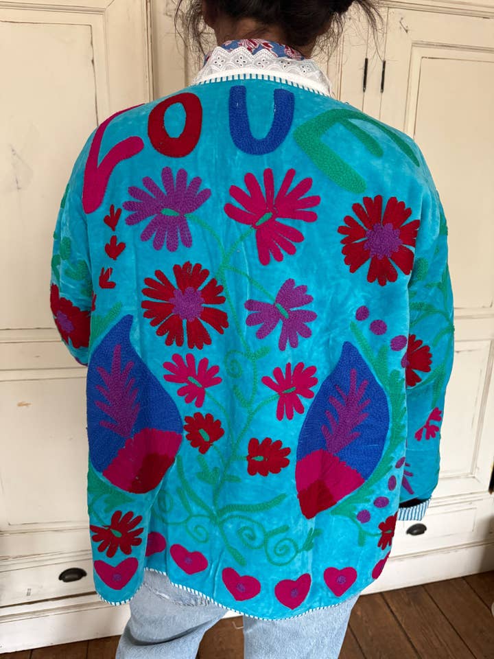 ToutVintage - Vendita all'ingrosso Giacca - Donna - Giacca in cotone ricamata Suzani LOVE turchese