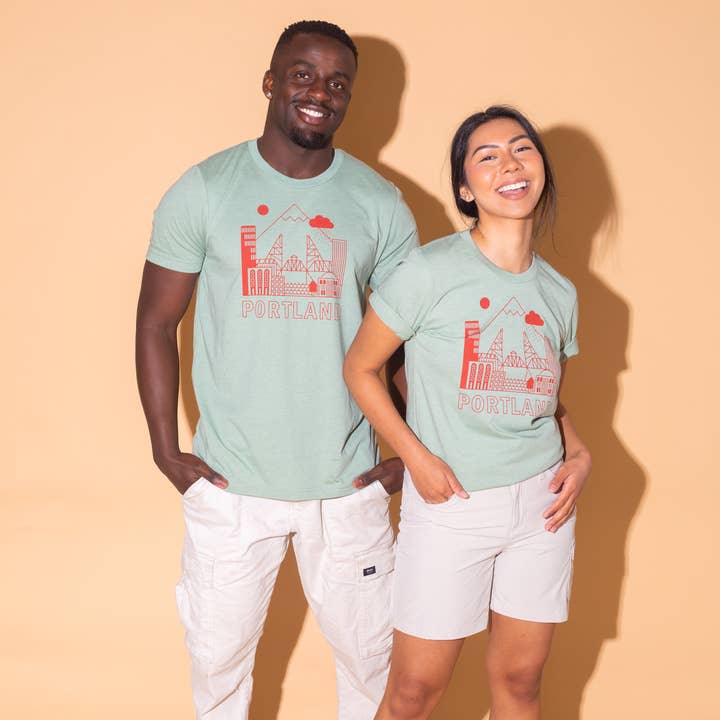 Portland Skyline Unisex skjorte (Heather Sage) for engroshandel hos Tender Loving Empire