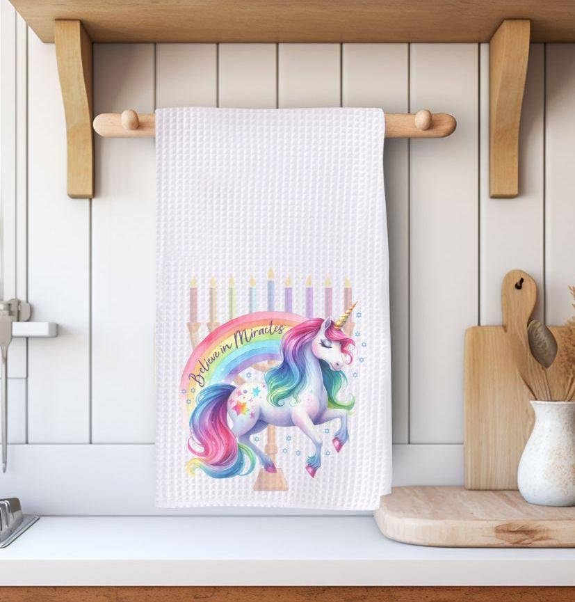Salt Sparkle Shalom - Wholesale Tea Towel - Believe in Miracles Unicorn Waffle Dish Towel for Chanukah0