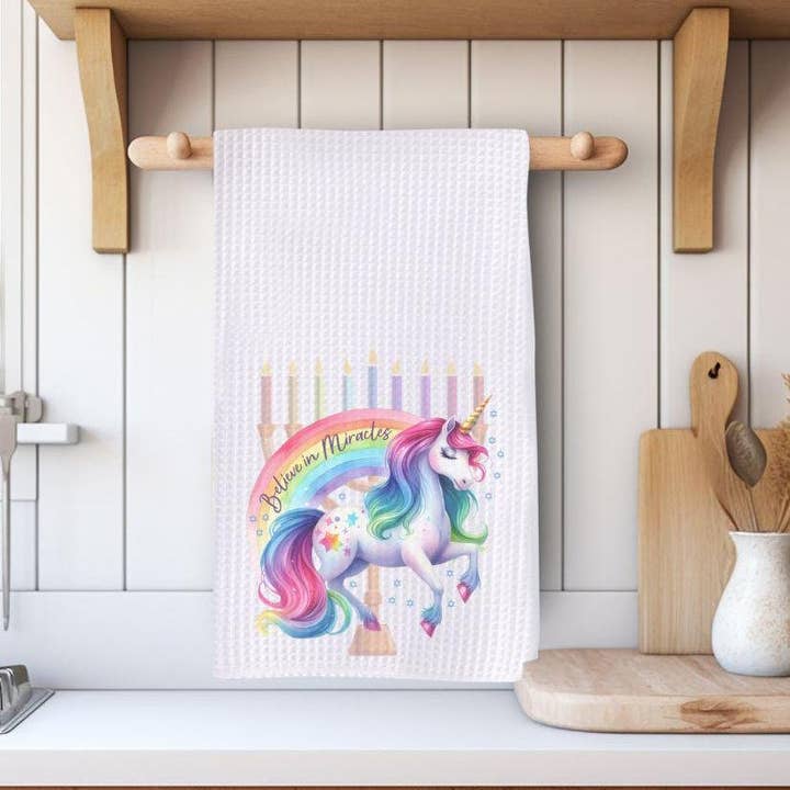 Believe in Miracles Unicorn Waffle Dish Towel for Chanukah for wholesale by Salt Sparkle Shalom