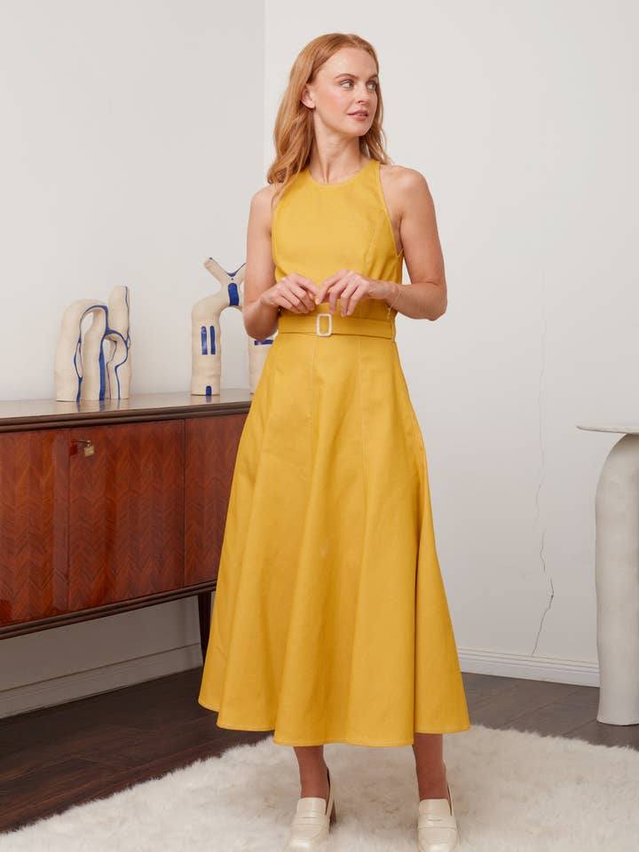 Abito Godet in denim giallo Ode per la vendita all'ingrosso da parte di UNDRESS