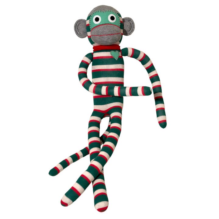Singe en chaussettes en peluche Maxi rayures vert/rouge/blanc pour la vente par HickUps