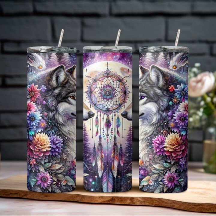 Wicked Flower Creations - Wholesale Insulated Mug/Tumbler - Floral Dreamcatcher Wolves Tumbler