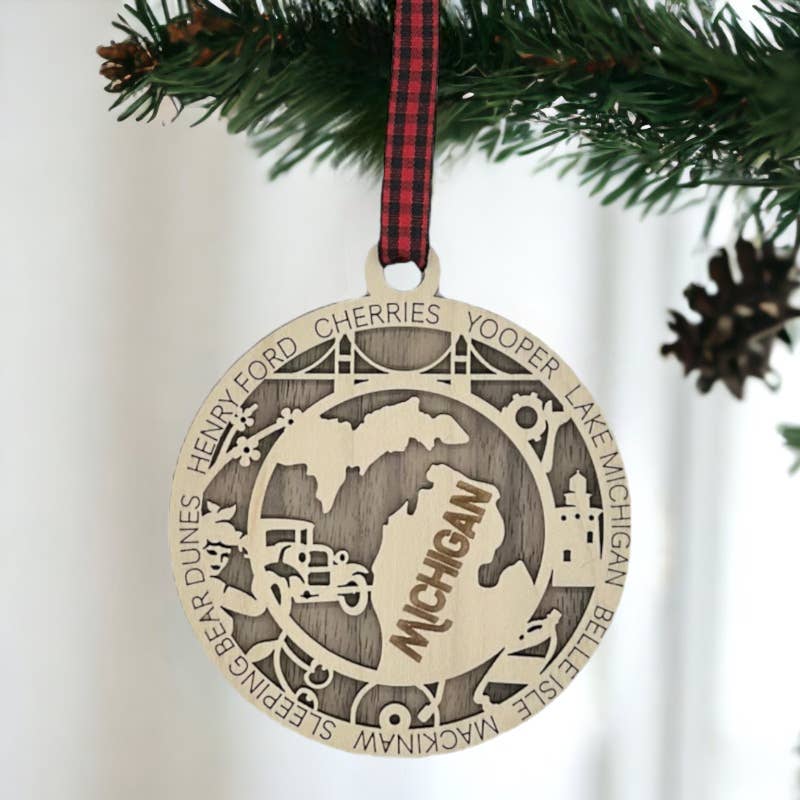Woodlander Workshop - Wholesale Ornament - Michigan Highlights Christmas Holiday Orament2