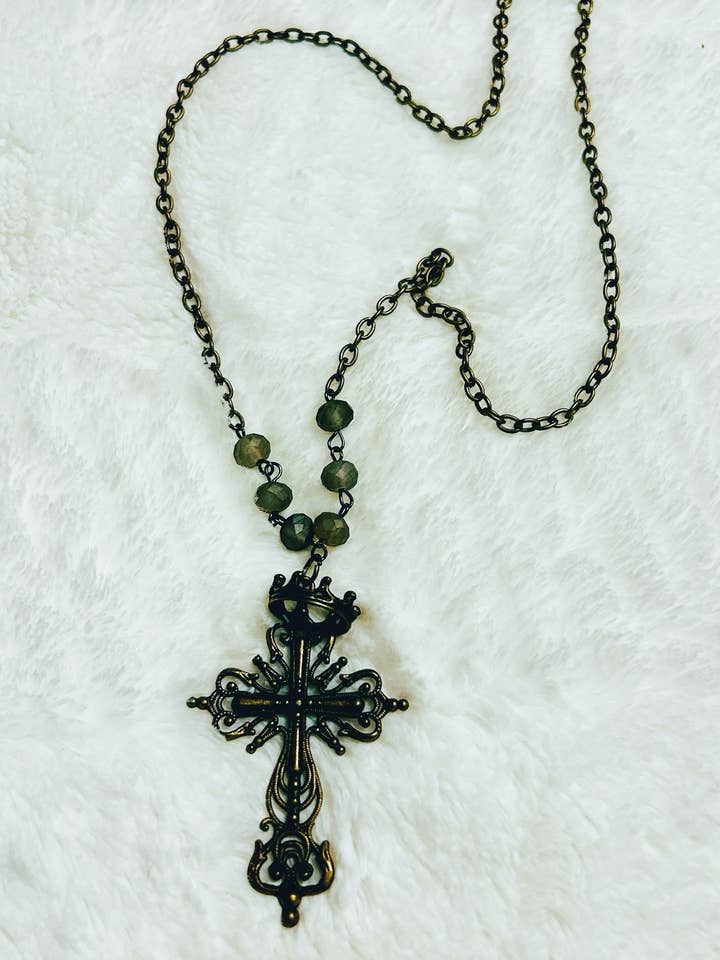 Bronze Crowned Cross Gray Swarovski Necklace for wholesale by Petals Jewelry Designs By Brandi Crain