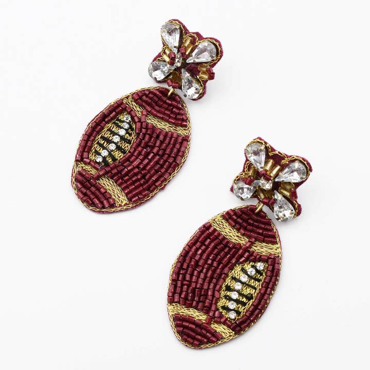 Maroon  Football Beaded Earrings for wholesale by Treasure Jewels Inc.
