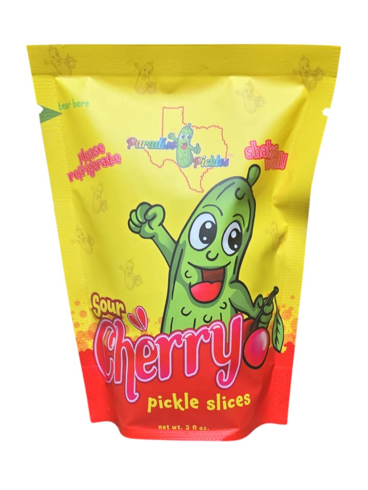 Sour Cherry Pickle Snacks! for wholesale by Paradise Pickles LLC