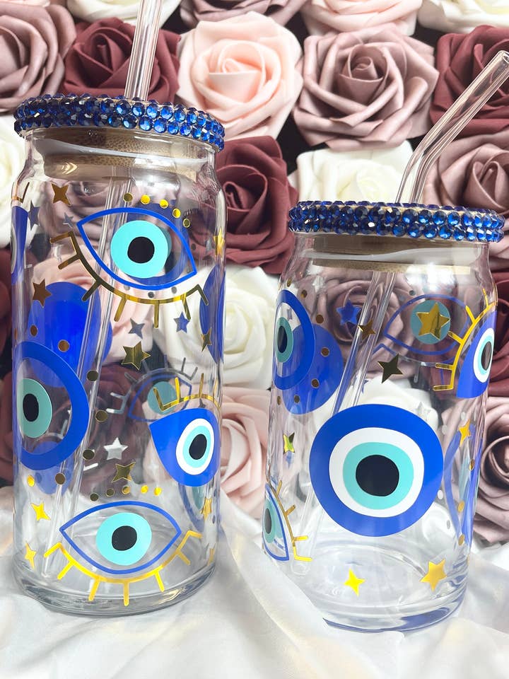 Blue Evil Eye Glass Can with Rhinestone Bamboo Lid for wholesale by Natalie Pearl Designs