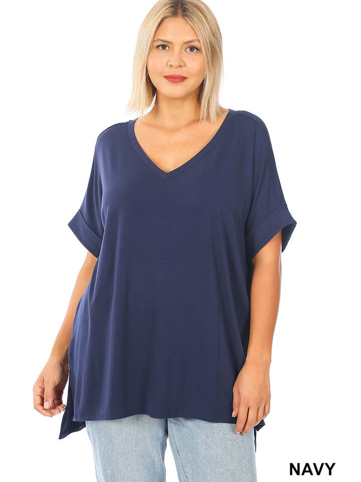 OLIVEMUSTARD `.Plus size V Neck Top w/ side-slit for wholesale on Faire4