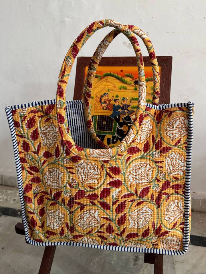Unique Floral Design Indian Cotton Bag Quilted Market Bags for wholesale by GYPSY STUDIO