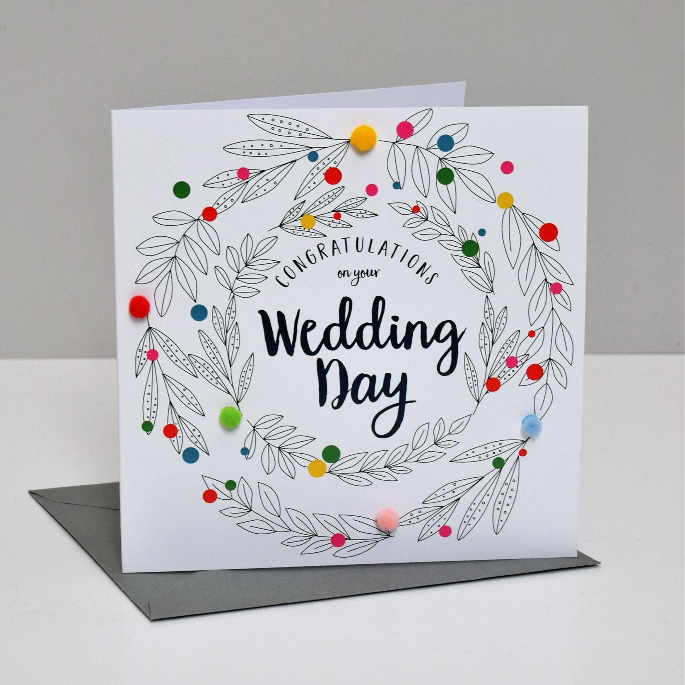 Claire Giles Ltd – wholesale Wedding card – Wedding Card, Flowers, Congratulations, Embellished with colourful pompoms3