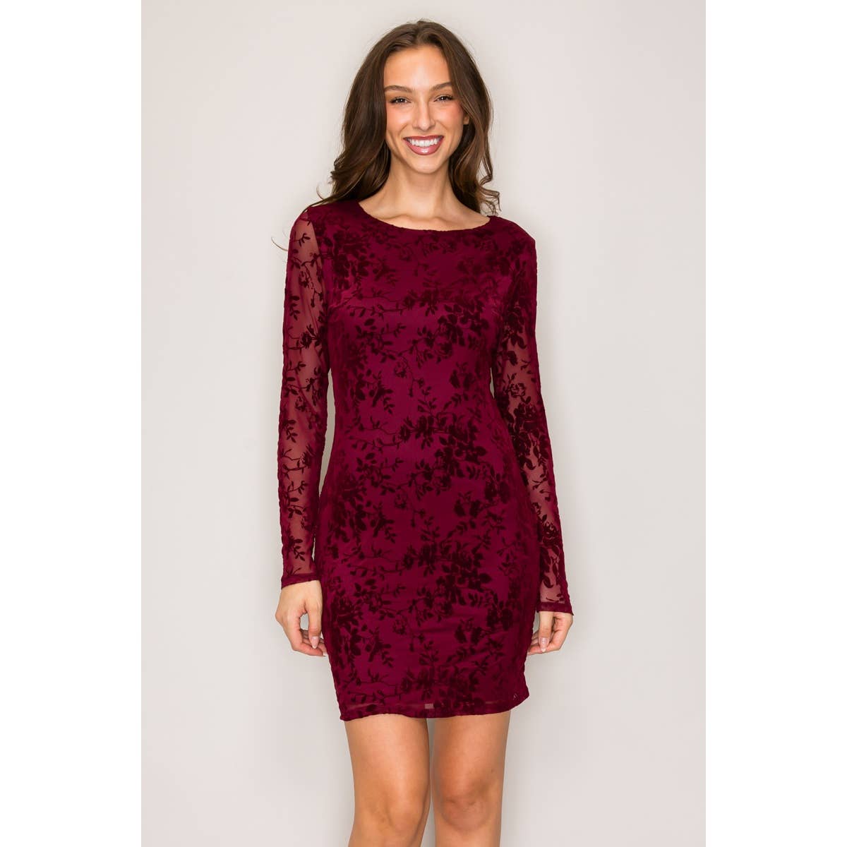 Popular 21 - Wholesale Dress - Women's - Long Sleeve Flocked Mesh Mini Dress with Cutout Back6