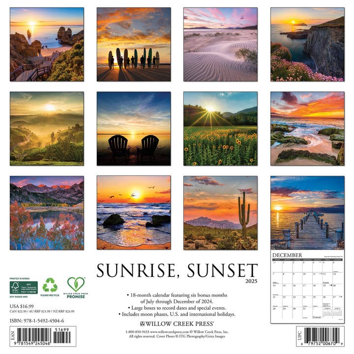 Willow Creek Press & Gifts - Wholesale Calendar - Sunrise, Sunset 2025 Wall Calendar