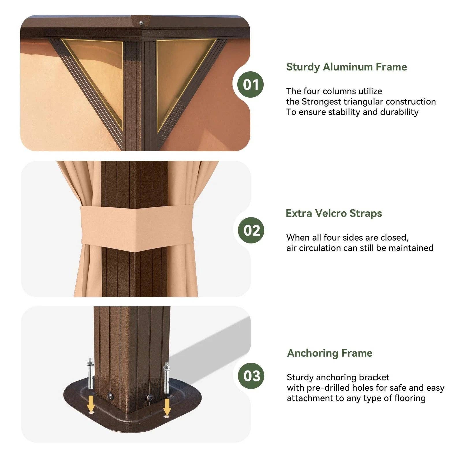 ShipItFurniture - Wholesale Outdoor Ornament/Decor - 10 Ft. X 12 Ft. Hardtop Gazebo, Double Polycarbonate Roof Aluminum Frame Gazebo W/Curtain and Netting, Brown4