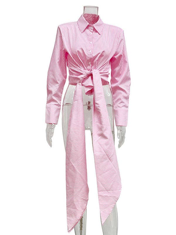 Sheer Trend - Wholesale Button Down Shirt - Women's - Long Sleeves Loose Asymmetric Split-Joint Striped Lapel Blouses4