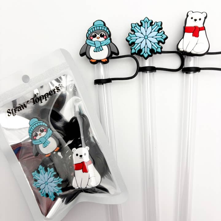 Straw Topper 3 pack - Winter Snowflake, Penguin, Polar Bear for wholesale by Vroom Blooms