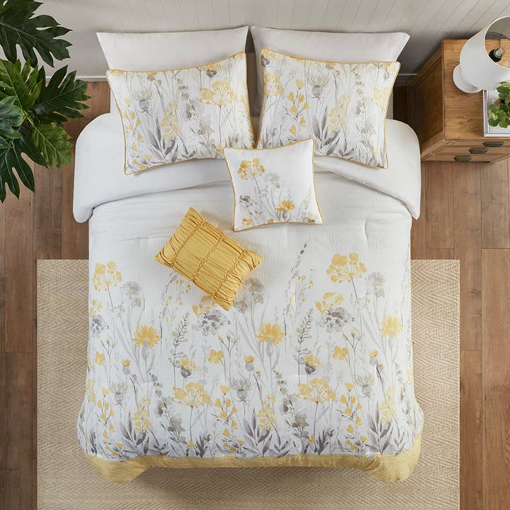 Olliix - Wholesale Bedding Set - 5 Piece Floral Farmhouse Seersucker Comforter Set, Yellow
