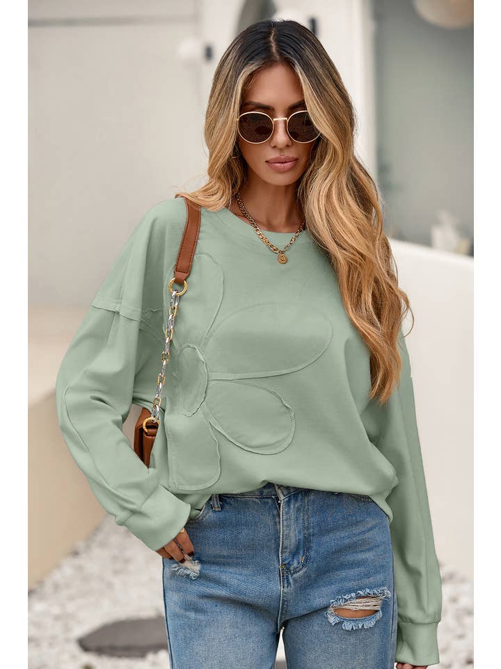 Little Daisy Closet - Wholesale Blouse - Women's - LDC Raw Edge Flower Patch Drop Shoulder Long Sleeve Top5