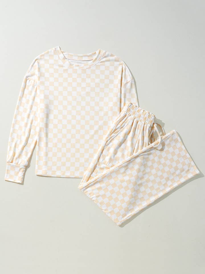 Beige Checkered Print Long Sleeve Top and Pants Lounge Set for wholesale on Faire3