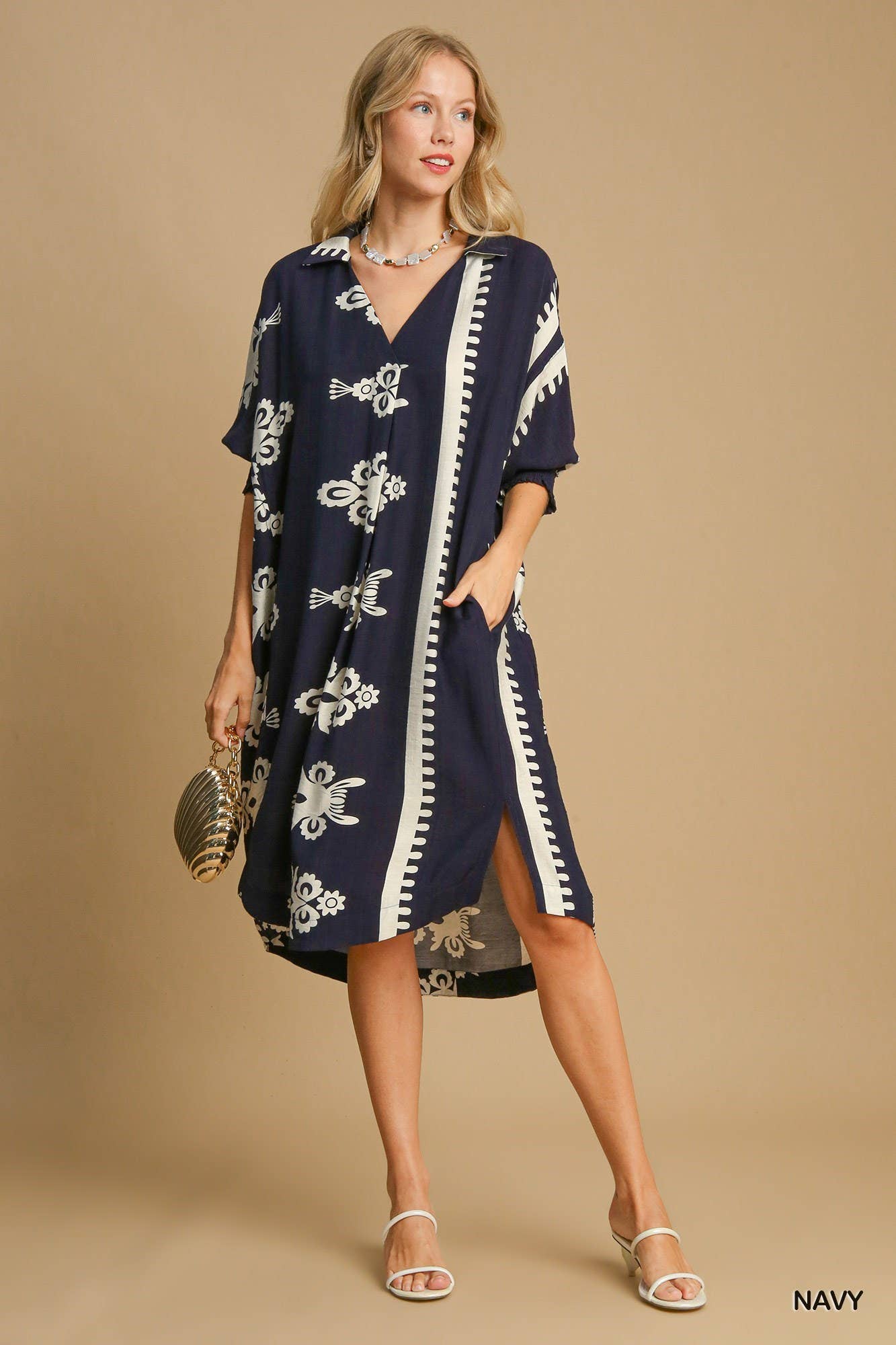 BNS - Vente Robe – femme - Robe mi-longue à col en V à imprimé abstrait avec poche13