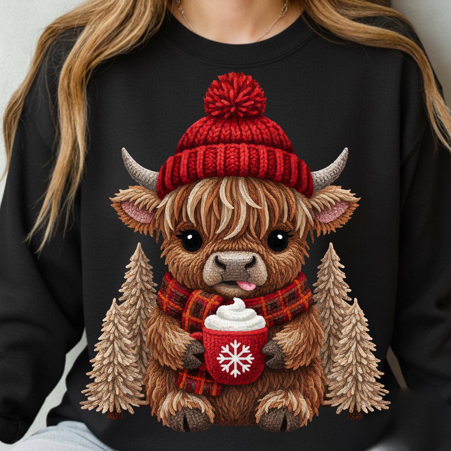 DLT Ecommerce – Großhandel T-Shirt (Grafikdruck) – Damen – Faux-Häkel-Highland-Kuh-T-Shirt, Gemütlicher Weihnachtskuh-Pullover2