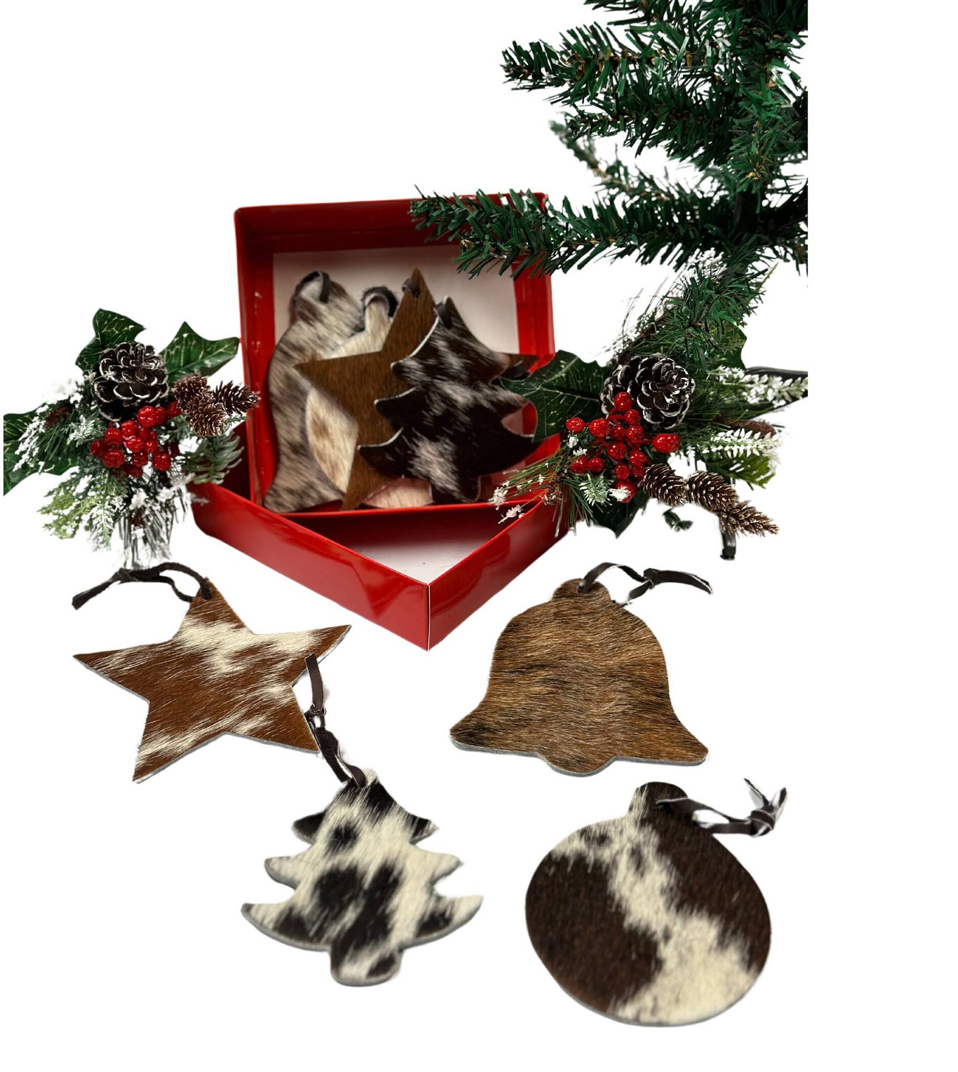 Cowhide Texas Store Inc - Wholesale Ornament Set - Cowhide Double-Sided Hair on Hide Christmas Ornament Box Set1