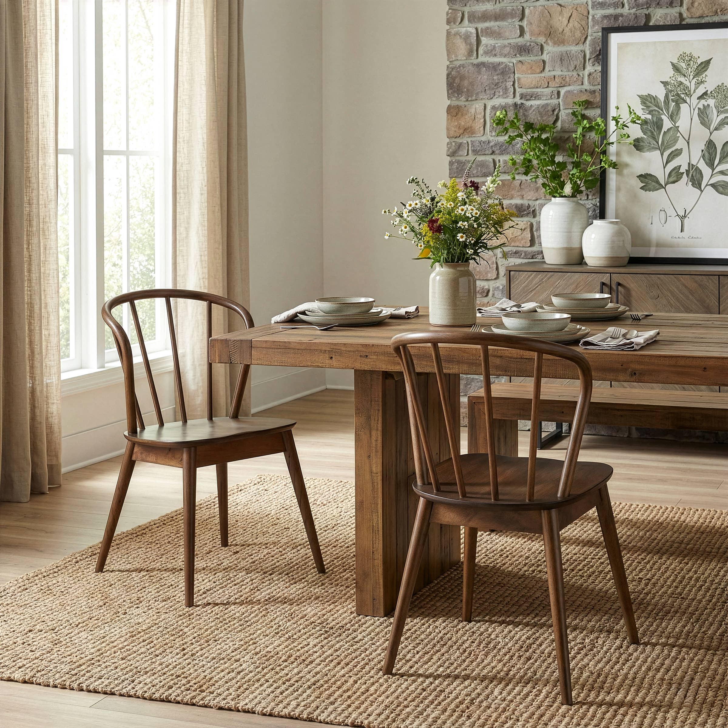 Glamour Home - Vente Chaises - Ensemble de 2 chaises de salle à manger Windsor en bois d'hévéa noyer azur0