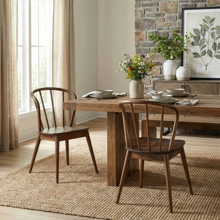 Glamour Home - Vente Chaises - Ensemble de 2 chaises de salle à manger Windsor en bois d'hévéa noyer azur