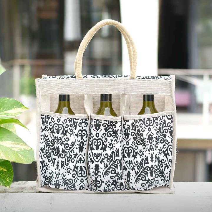 Håndlavet jute 3-flaskebæretaske med mønstrede lommer for engroshandel hos Liconte LLC
