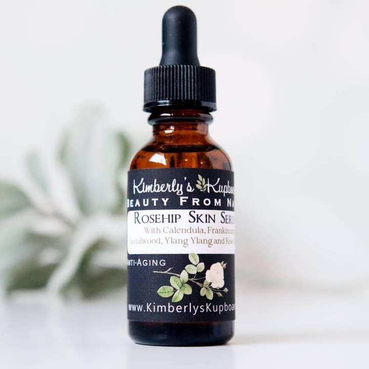 Anti-Aging and Sensitive Rosehip Skin Serum made with Calendula, Rose and Frankincense for wrinkles, rosacea, acne, psoriasis for wholesale by Kimberly's Kupboard