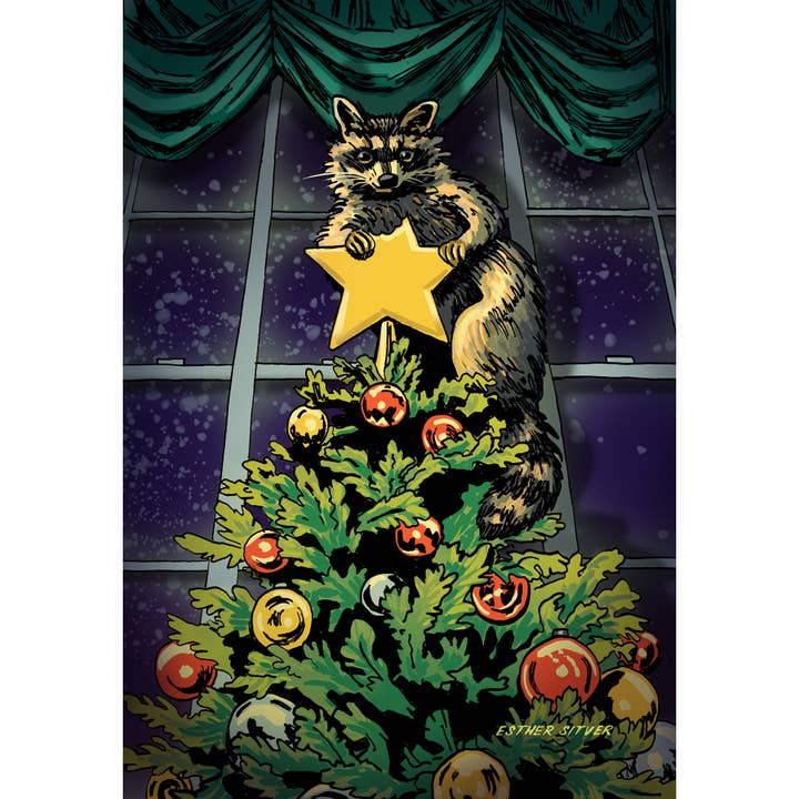 Waschbär, der Weihnachten gestohlen hat 4x6 Postkarte VORBESTELLUNG für den Großhandel von Esther Sketch