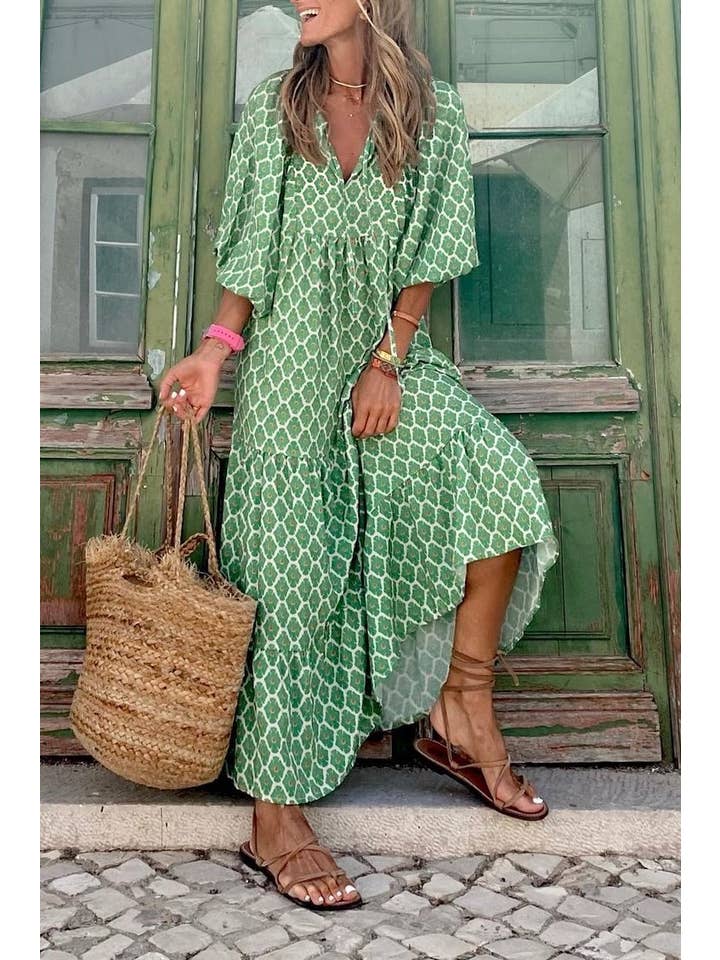 Rosa Clothing - Wholesale Dress - Women's - Bohemia Floral Balloon Sleeves loose flare swing dress