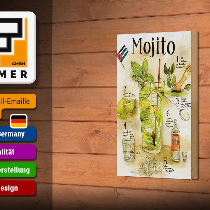 Femer - Vente Pancarte - Panneau en bois Recipe Mojito Rum Suco de Limão Agua Deco 12x18 cm2
