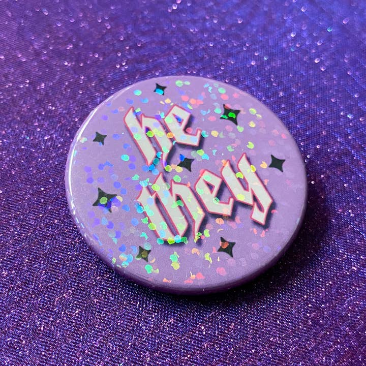 Magical Meow - Wholesale Lapel Pin/Button - He/They Pronoun Holographic Pin Badge1