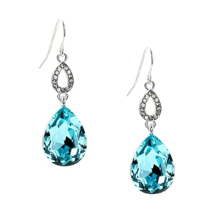 Silver Crystal Rhinestone Teardrop Earrings with Aqua Dangle for wholesale by Cool Crystals