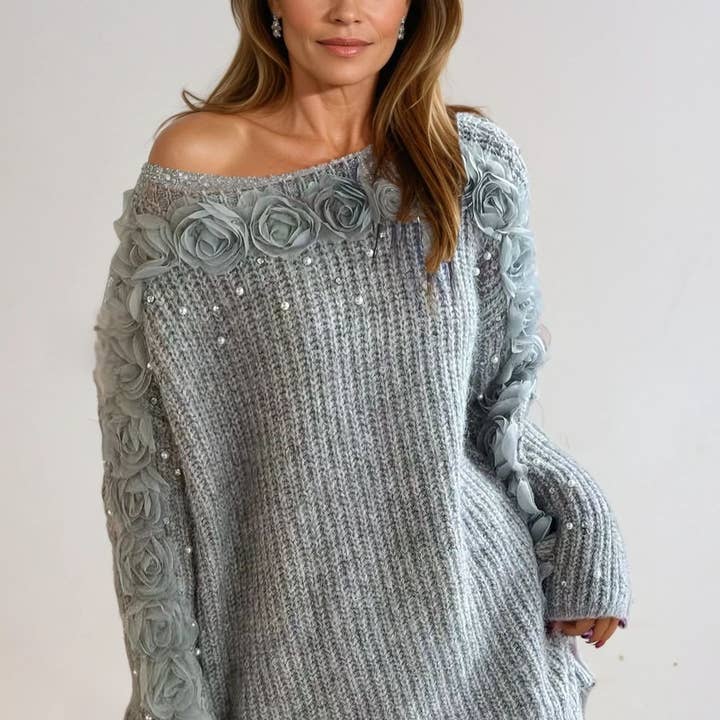 Stickad tröja med blommig applikation SK151 för wholesale av PEACH ACCESSORIES