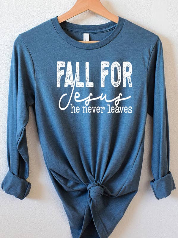 Fall For Jesus He Never Leaves Long Sleeve Top for wholesale by Cali Boutique Wholesale