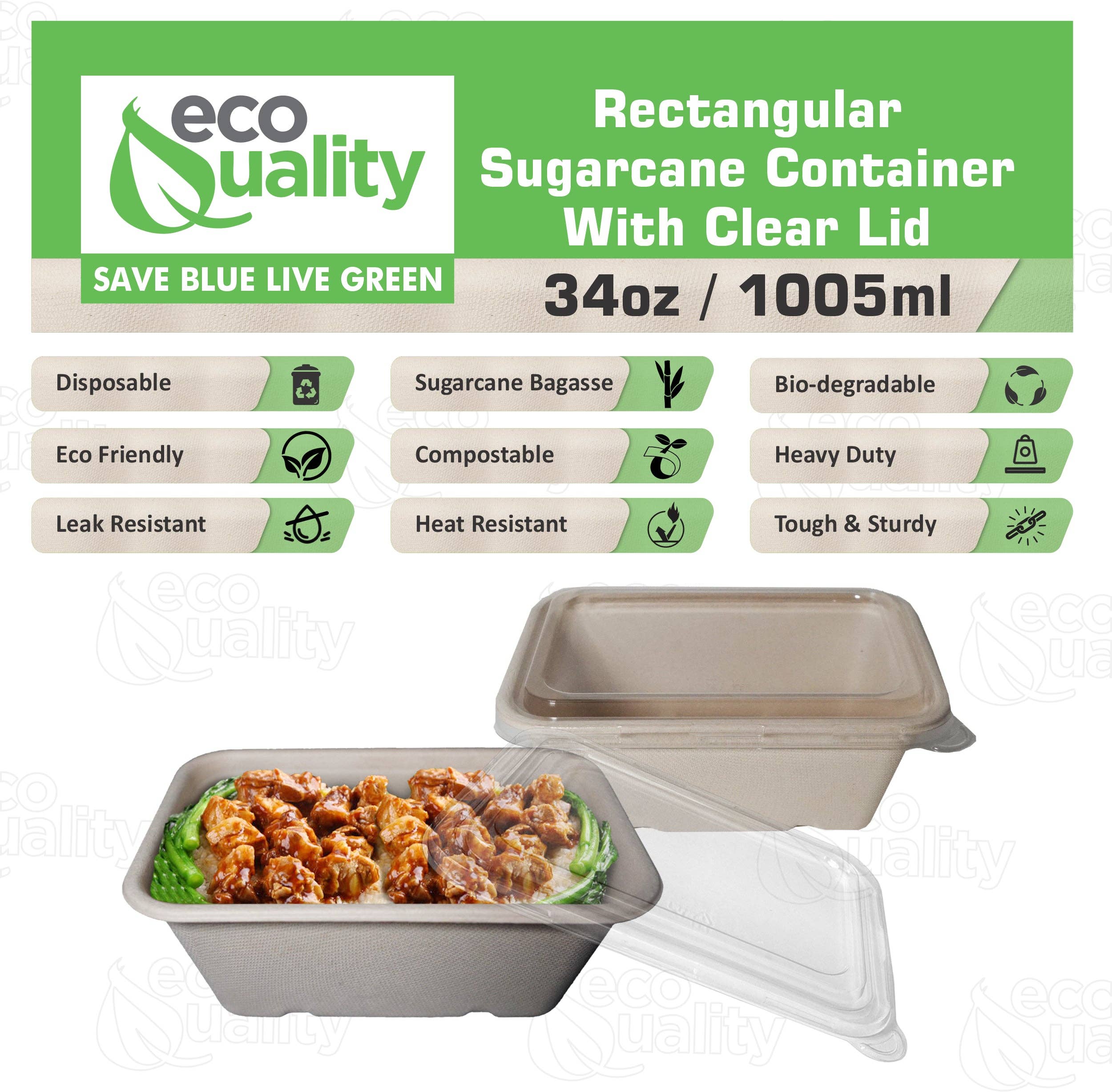 EcoQuality – Großhandel Lebensmittelbehälter – 34-Unzen-Zuckerrohrfaserschale mit Kunststoffdeckel, kompostierbar, länglicher Einwegbehälter für die Lebensmittelzubereitung6