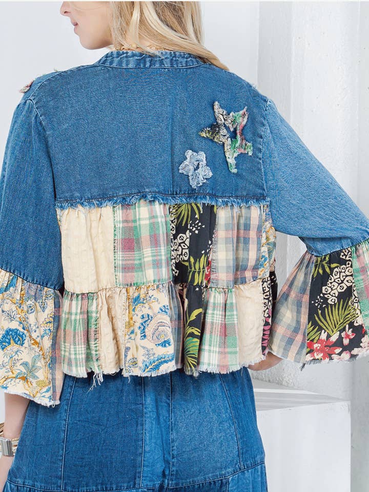 Young Threads - Wholesale Shirt Jacket/Shacket - Women's - Western Boho Chic: Tiered Patchwork Denim Cropped Shrug