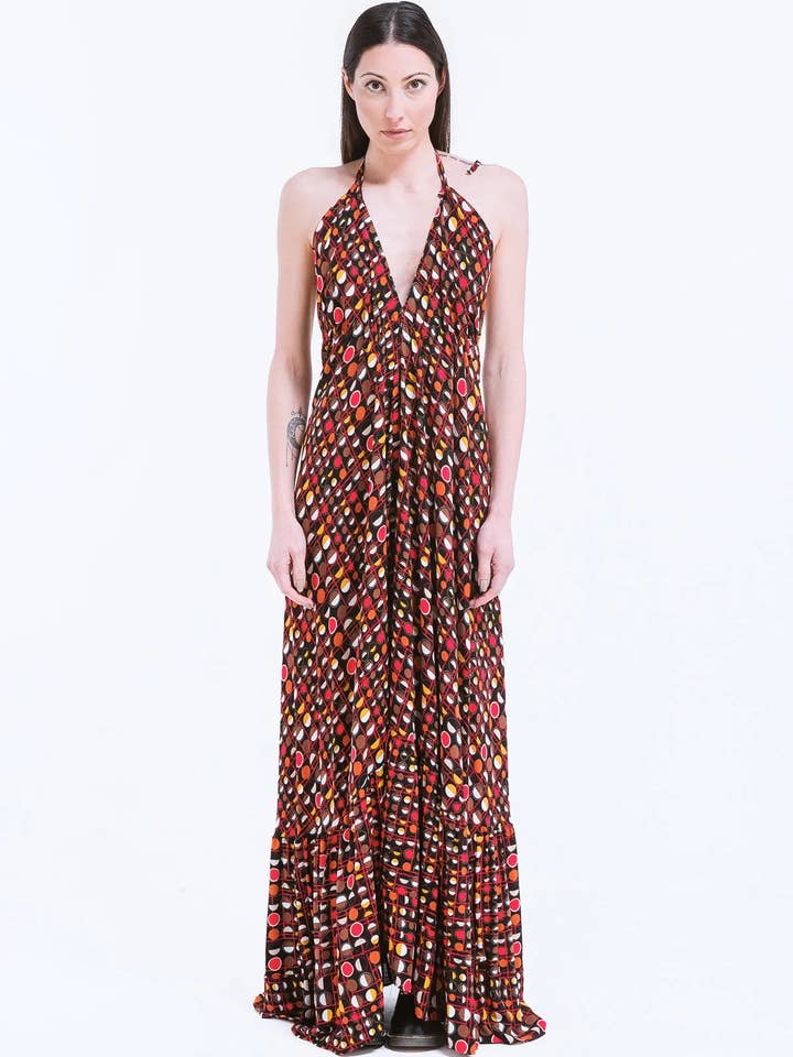 Empire printed sundress with flounces Black with circles for wholesale by ELENELEN SRL