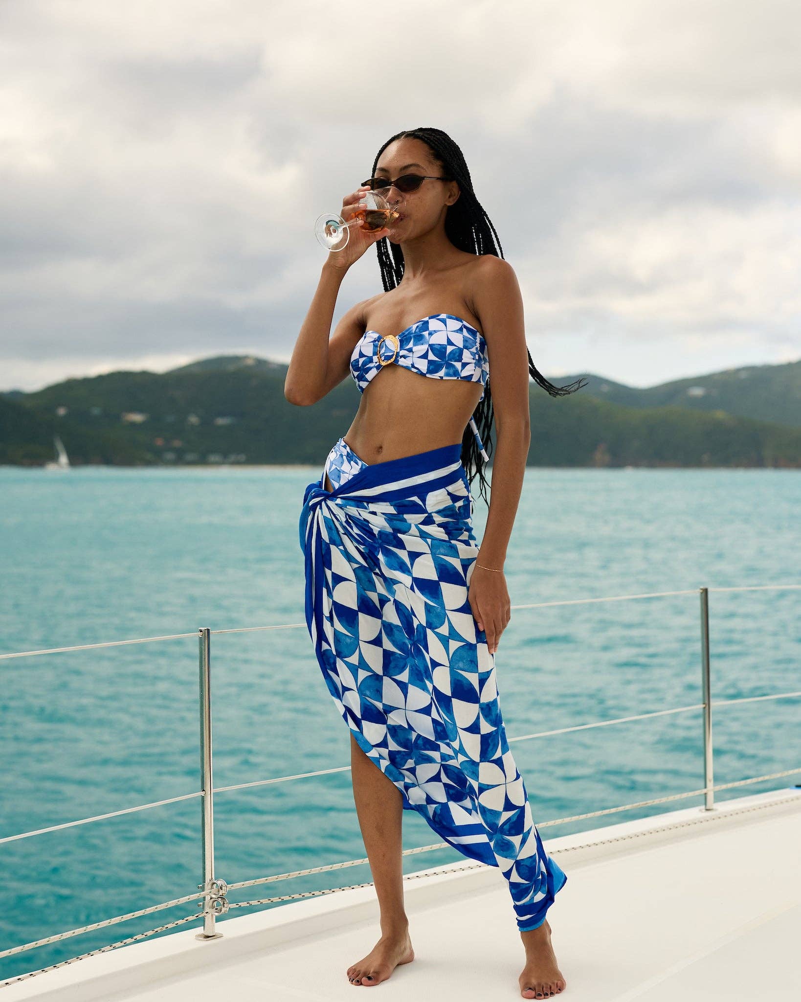 Womens Blue and White Print Bandeau Bikini Top for wholesale on Faire8