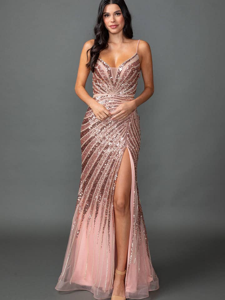 Pailletten galajurk met V-hals, spaghettibandjes en Fro voor wholesale door Dancing Queen Dress